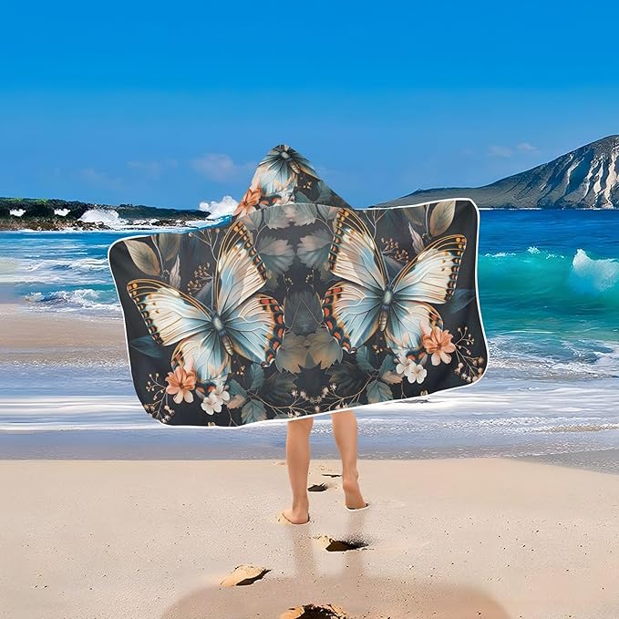 Hooded Towel for Kids Butterfly Surrounded by Floating Spring Leaves Beach Wrap Bath Towels 50x23.5in