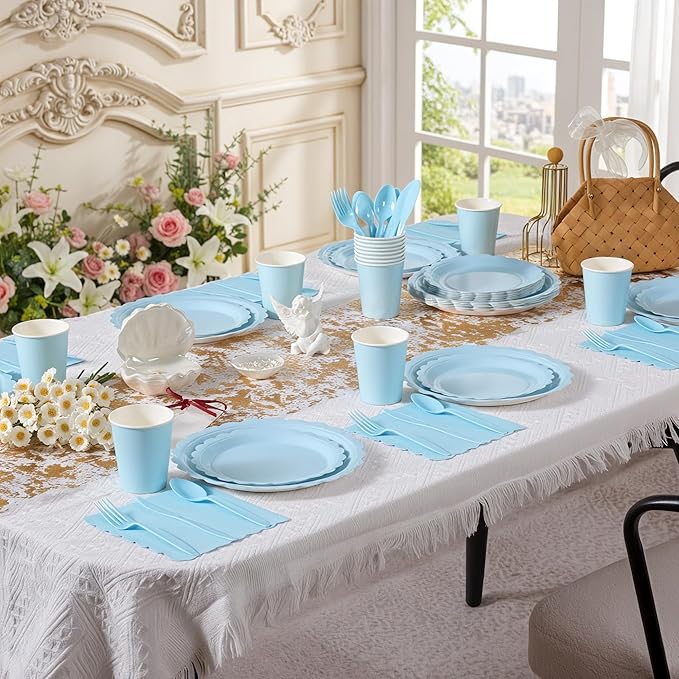Fijinhom Light Blue Paper Plates Set, 350 PCS Party Supplies, Disposable Dinnerware Set for 50 Guests, Light Blue Paper Plates Napkins Cups Blue Plastic Forks Knives Spoons for Wedding Festivals
