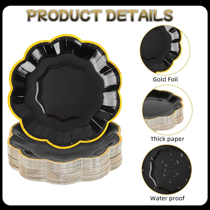 AimFun 24 Pcs Graduation Black and Gold Scalloped Paper Plates 7 Inch Disposable Dessert Plates with Gold Foil Elegant Cake Plate for Wedding Birthday Baby Shower Party Supplies