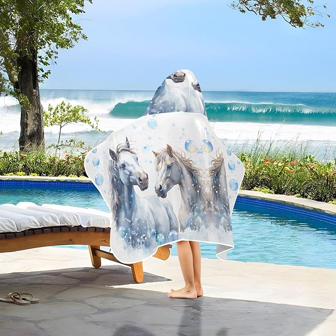 Hooded Towel for Kids Watercolor Horses Beach Wrap Bath Towels 50x23.5in