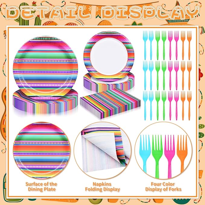 96 Pieces Mexican Fiesta Party Tableware Set - Colorful Serape Stripe Disposable Dinnerware with Paper Plates, Napkins, Plastic Forks - Cinco de Mayo, Taco Tuesday, Birthday, BBQ Party Supplies