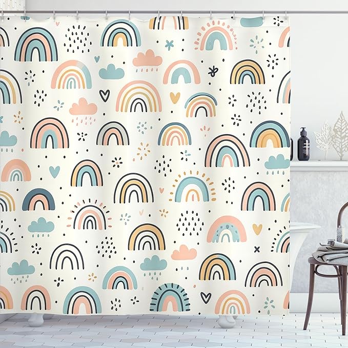 Ambesonne Rainbow Shower Curtain, Funny Scandi Art Cloud and Curving Lines Colorful Joy Happy Atmosphere, Cloth Fabric Bathroom Decor Set with Hooks, 69" W x 84" L, Ivory Blush Soft Blue
