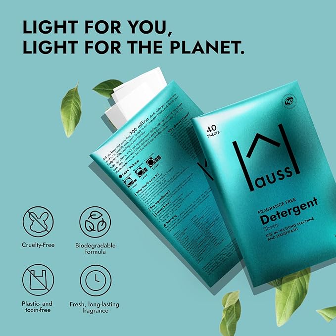 Hauss-Biodegradable Detergent Sheets - 80 loads - Tackles Tough Stains & Odors, Plant Formula, No Animal Testing, Plastic and Toxic Free, Gentle on Sensitive Skin, 40 sheets (Unscented)