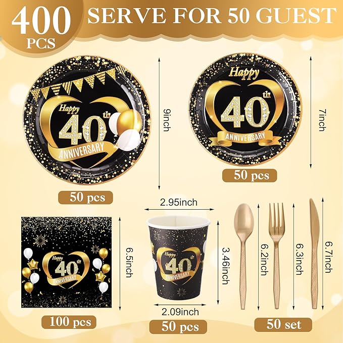 Pickmesh 400 Pcs 40th Wedding Anniversary Party Decorations Set, Includes 40th Anniversary Plates, Napkins, Cups, Cutlery for Birthday Wedding Party Favors, Serves 50 Guests