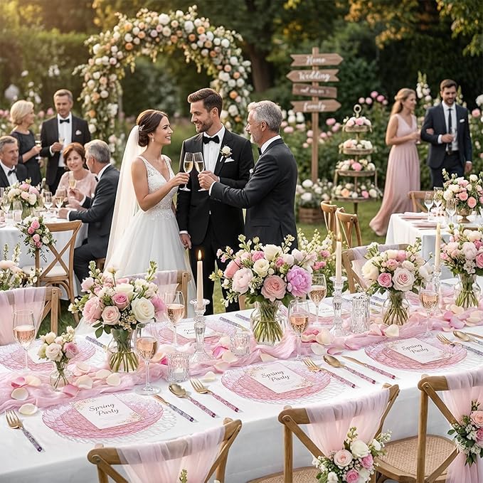 Festiva 60PCS Clear Pink Plastic Plates - Heavy Duty Weave Pattern Fancy Disposable Plates -serve for 30 guests Include 30PCS 10" & 30PCS 7" Plates for Birthday & Easter Party(Pink)