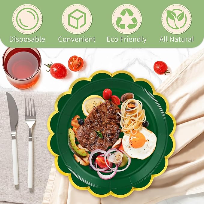50 Pcs Dark Green Paper Plates, 25 Pcs 9" and 25 Pcs 7" Disposable Christmas Scalloped Plates with Gold Foil for Graduation Wedding Baby Shower Birthday Party Picnic BBQ