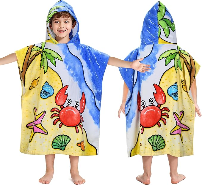 Tirrinia Kids Hooded Beach Towel, Toddler Hooded Bath Towel & Poncho Towel Super Absorbent, Wearable Swim Towel for Kids 3-6 Years Boys Girls at Bath Pool Beach, Birthday Gifts, Crab