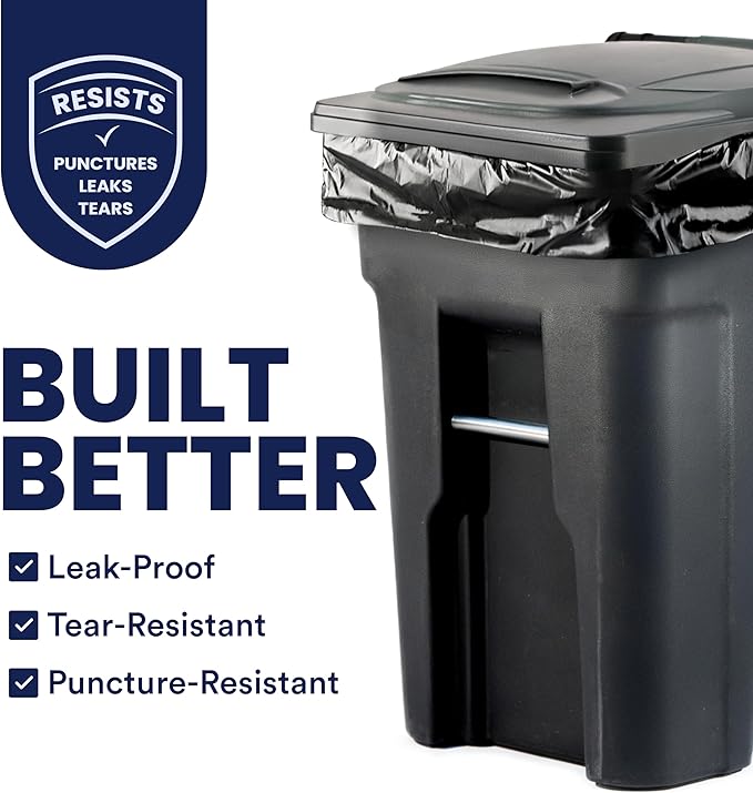 Plasticplace 95-96 Gallon Garbage Can Liners Heavy Duty 1.5 Mil Black Trash Bags Tear-Resistant Outdoor Garbage Bags for Rollaway Bins Large 61" x 68" Industrial-Strength Waste Bags (25 Count)
