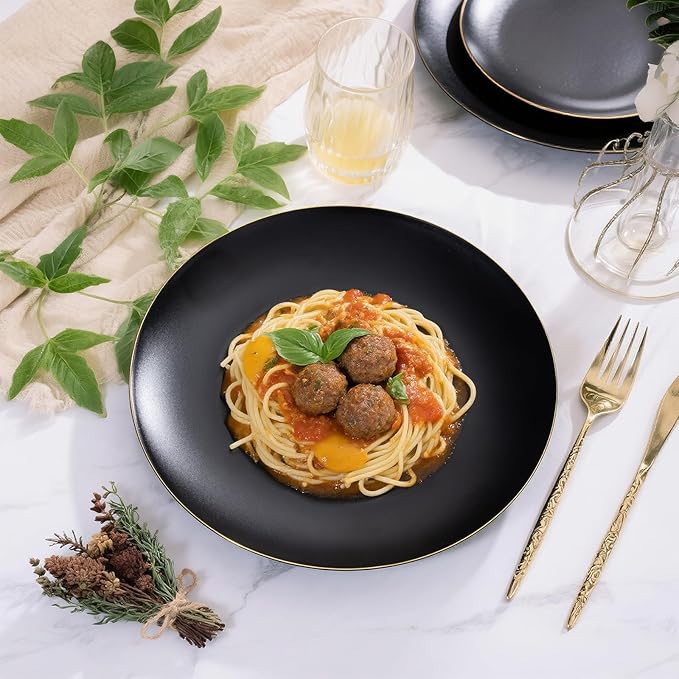 EI 80pcs Black and Gold Dinner Plates Disposable 10.25inch,Plastic Party Graduation Plates with Gold Rim,Black Plastic Matte plate Frosted Disposable Heavy Duty,Elegant for Wedding/Graduation