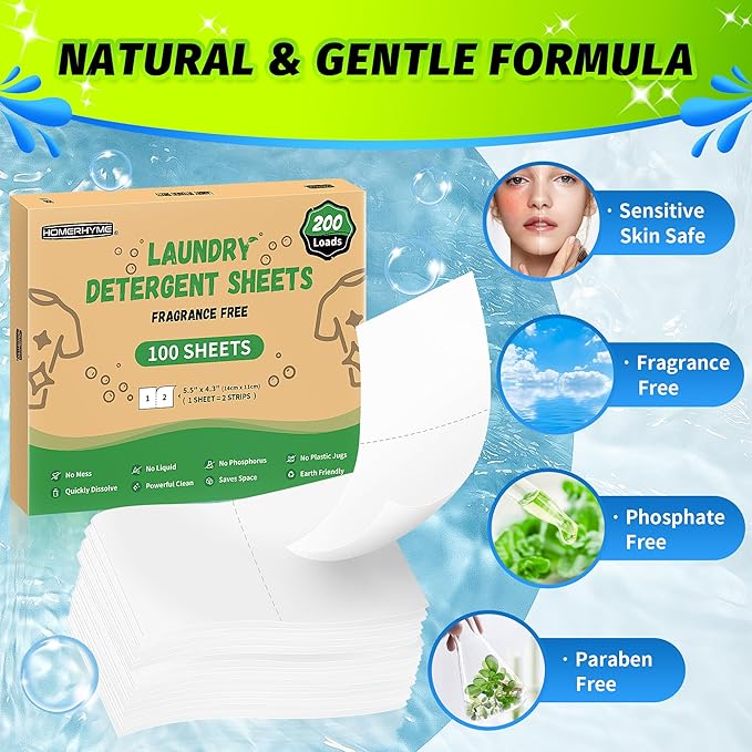 Laundry Detergent Sheets - 200 Loads Unscented Travel Laundry Detergent, Eco Friendly & Hypoallergenic Cloth Washing Detergent Soap Sheets, Suitable for Sensitive Skin
