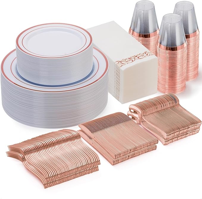 Goodluck 350 Pieces Rose Gold Dinnerware Set for 50 Guests, Plastic Plates Disposable for Party, Include: 50 Dinner Plates, 50 Dessert Plates, 50 Paper Napkins, 50 Cups, 50 Silverware Set
