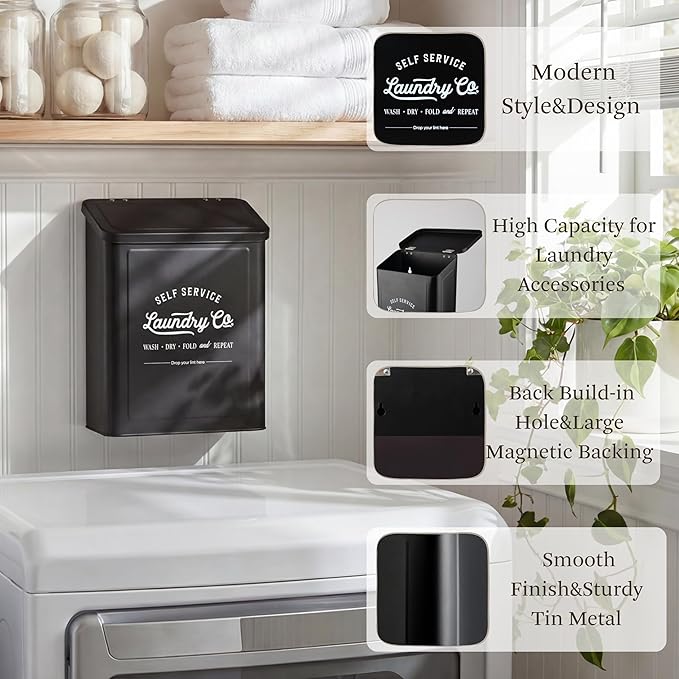 MONJITA Magnetic Lint Bin for Laundry Room, Metal Trash Can with Lid for Dryer, Farmhouse Lint Holder, Laundry Co Sign, Laundry Room Storage Decor with Dryer Lint Brush (Black-Dryer Ball Set)