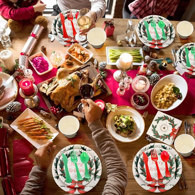 FillTouch 350 Pcs Merry Christmas Paper Plates and Napkins Set for 50 Guests Disposable Dinner Tableware Dinnerware Party Supplies Includes 100 Paper Plates 50 Cups Napkins Set Knives Forks Spoons