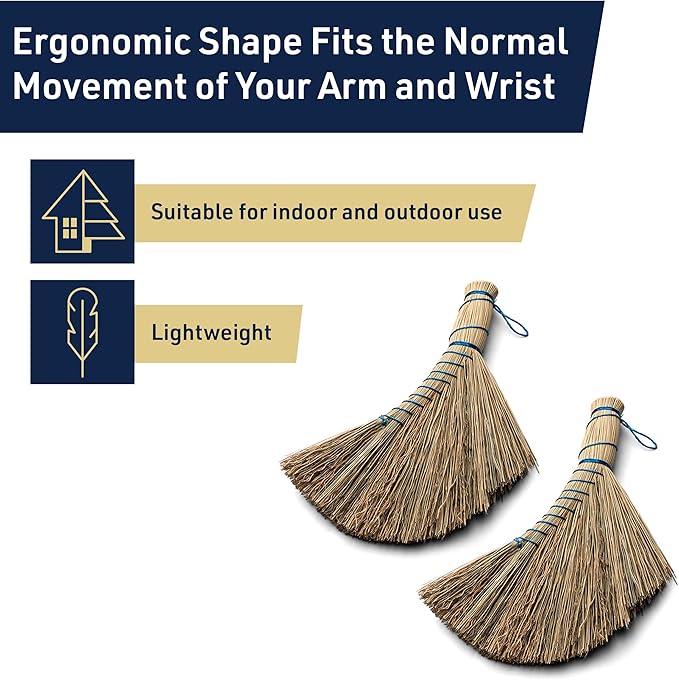 Set of 2 Natural Straw Whisk Brooms - 12.5 Inch Small Hand Broom Set with Ergonomic Shape for Multi-Surface Cleaning - Stiff Bristle Brushes for Indoor and Outdoor Use by Kings County Tools