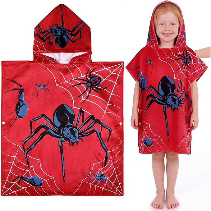 Fanfanwin Cotton Spider Web Bath Towel Beach Hooded Bath Towel 37.8x23.62 Inches Spider Theme Poncho with Snap Buttons Hood Soft Rapid Dry for Beach, Pool, Swim, Travel, Home Use
