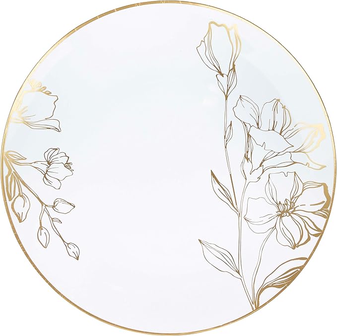 [10'' Plates 10 Count] White Plastic Floral Design Party Dinner Plates With Gold Rim Premium heavyweight Elegant Disposable Tableware Dishes