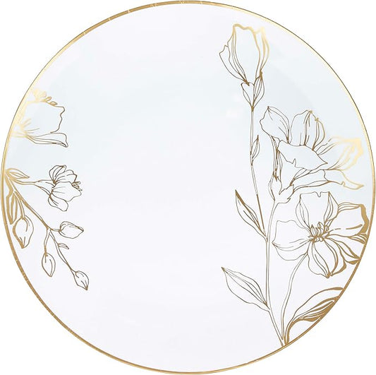 PLASTICPRO White Plastic Floral Design Party Plates With Gold Rim Premium heavyweight Elegant Disposable Tableware Dishes (120, 10'' INCH PLATES)