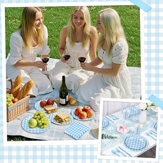 NatNarr 175 Pcs Gingham Paper Plates, Boy Baby Shower Decorations Include Blue Gingham Plates and Napkins Cups Disposable Blue Dinnerware for Picnic, Wedding, Birthday
