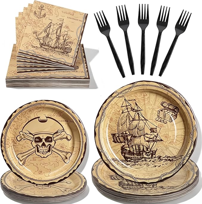 100 Pcs Pirate Party Supplies for 25 Guests, Heavy-Duty 7" & 9" Paper Plates, 2-Ply 13" Napkins & Plastic Forks, Disposable Tableware Set for Treasure Map Theme Party
