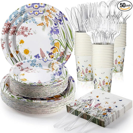 FillTouch 350 Pcs Floral Party Supplies Set Wildflower Disposable Paper Plates Flower Napkins Cups Knives Forks Spoons for 50 Guests Spring Summer Garden Tea Party Baby Shower Birthday