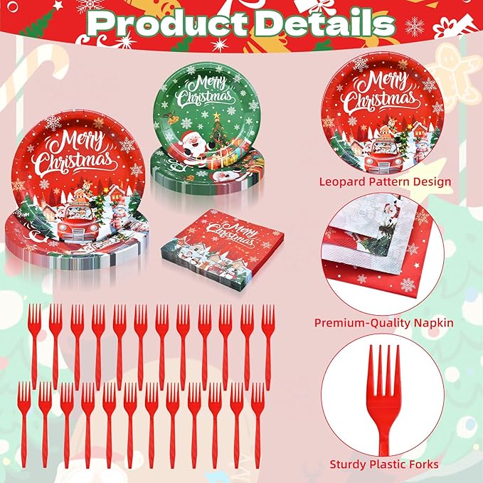 100 Pieces Christmas Party Tableware Set – Merry Christmas Disposable Plates, Napkins and Forks, Santa Snowman Red Green Dinnerware for Xmas Holiday Birthday and Winter Party Supplies
