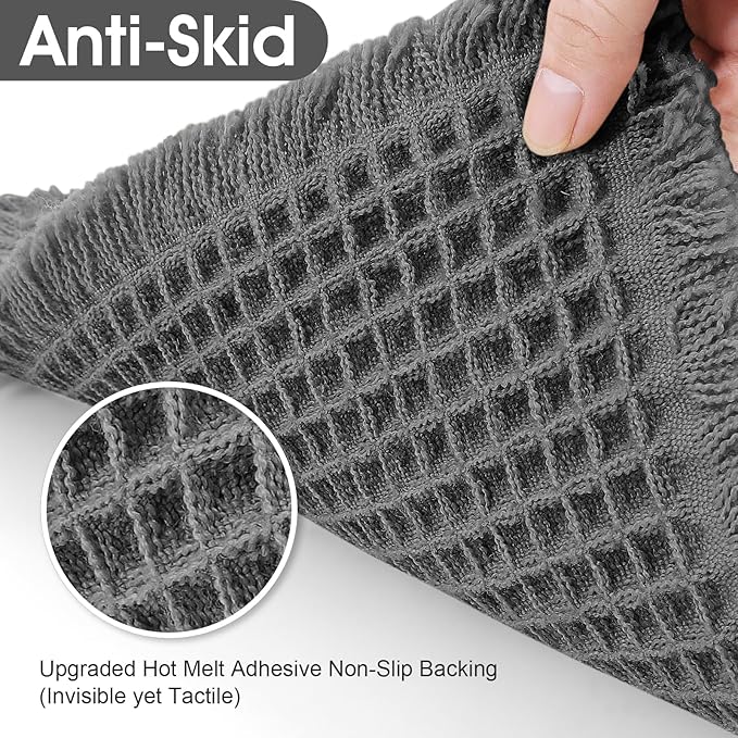 ACCUMTEK Extra Large Waffle Bath Mat, 6'x2' Grey, Super Absorbent Non-Slip Quick Dry Bathroom Rugs with Tassels, Machine Washable Ultra Soft Boho Bath Rugs for Floor, Toilet Mats Boho Farmhouse Decor