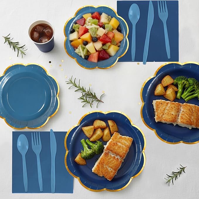 Navy Blue Paper Plates and Napkins Party Supplies for 50 Guest, 350Pcs Blue Scalloped Party Plate with Gold Rim, Blue Disposable Plates Set for Graduation Birthday Party Baby Shower Gender Reveal