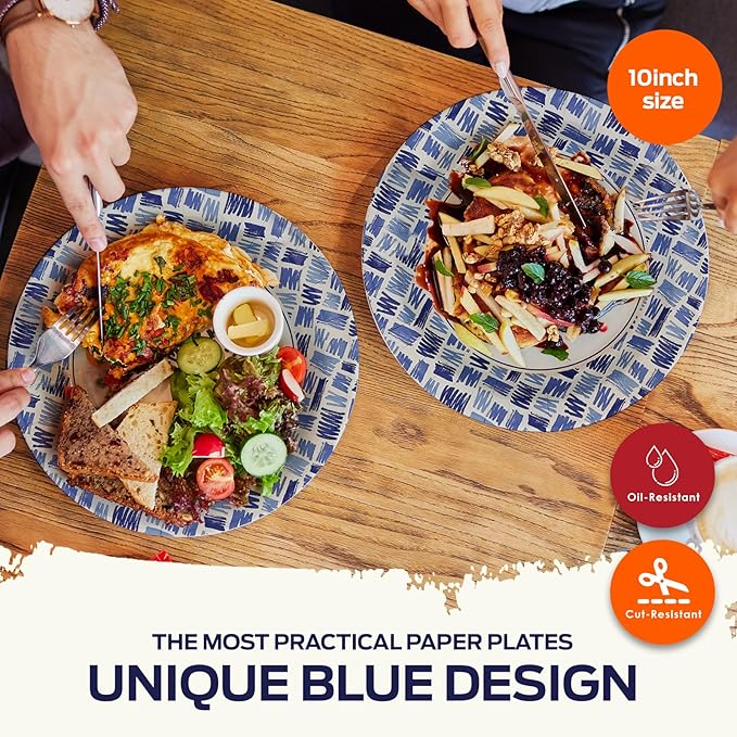 PAMI Heavy Duty Microwave Safe Disposable Paper Plates Large and Medium Sizes Oil Water & Cut Resistant Dinnerware for Hot Cold Food (10 Inch Plate 50 Blue)