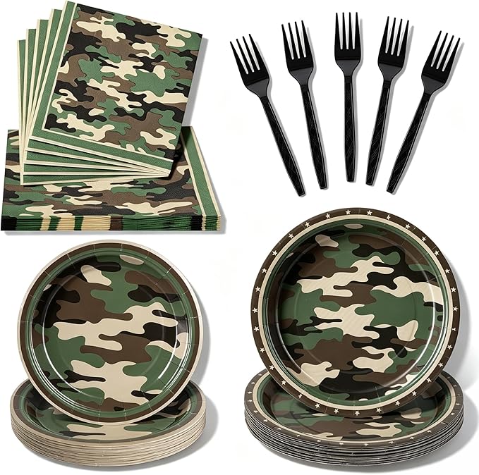 100 Pcs Camouflage Party Supplies for 25 Guests, Heavy-Duty 7" & 9" Paper Plates, 2-Ply 13" Napkins & Plastic Forks, Disposable Deep Green Camo Tableware Set for Hunting Army Military Party
