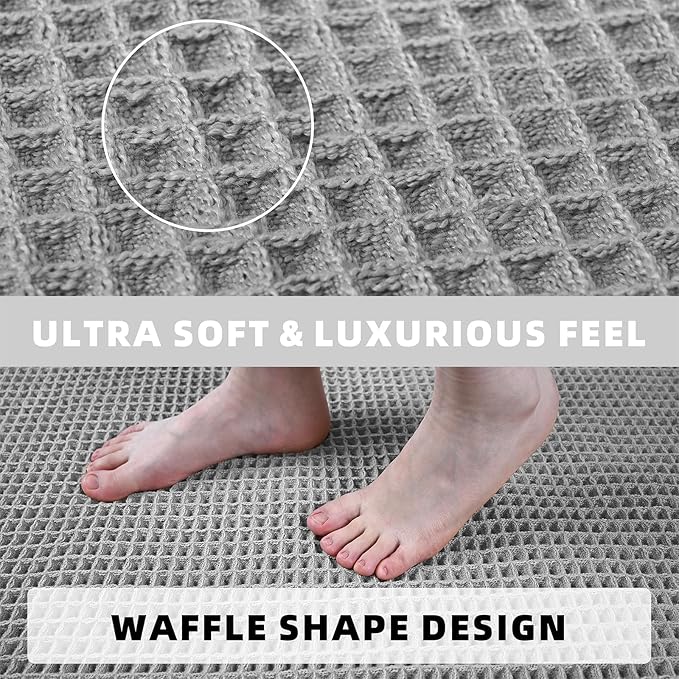Set of 2 Waffle Bathroom Rugs, Non Slip Absorbent Waffle Knit Bath Mat for Shower Floor, Tub and Bathroom Door, Ultra Soft Quick Dry, Grey, 17"x24"+18"x30"