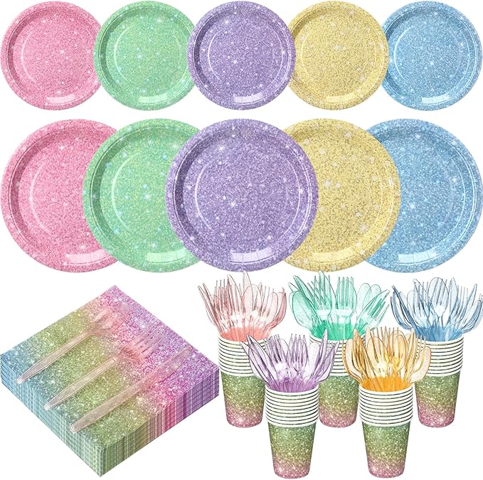 Hushee 350 Pcs Pastel Rainbow Holographic Print Party Supplies Guests Disposable Dinnerware Set Include Paper Plates, Napkins, Cups, Plastic Cutlery for Wedding Birthday Disco Bachelorette