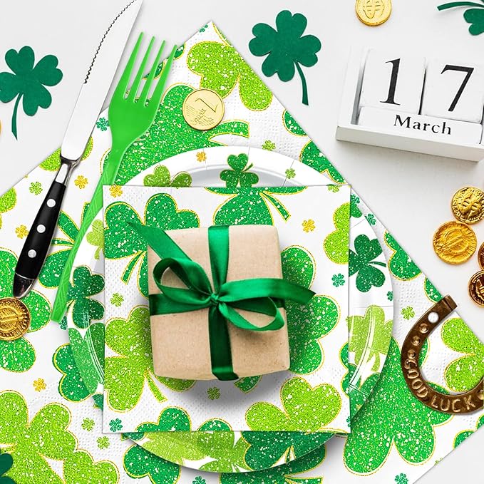 100 Pieces St. Patrick’s Day Party Tableware Set – Shamrock Clover Plates, Napkins and Forks, Green Disposable Dinnerware for Irish Party and Lucky Clover Party Supplies