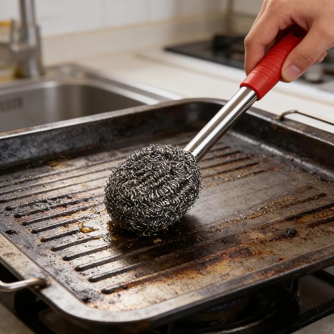 2PCS Steel Wool Scrubber with Handle Rustproof, Cast Iron Scrubber, Stubborn Messes Pot Brush, Remove Dirt for Cleaning Stoves,Sinks Dishes Grills Bowls & Metal Wire Sponge for Kitchens,Bathroom