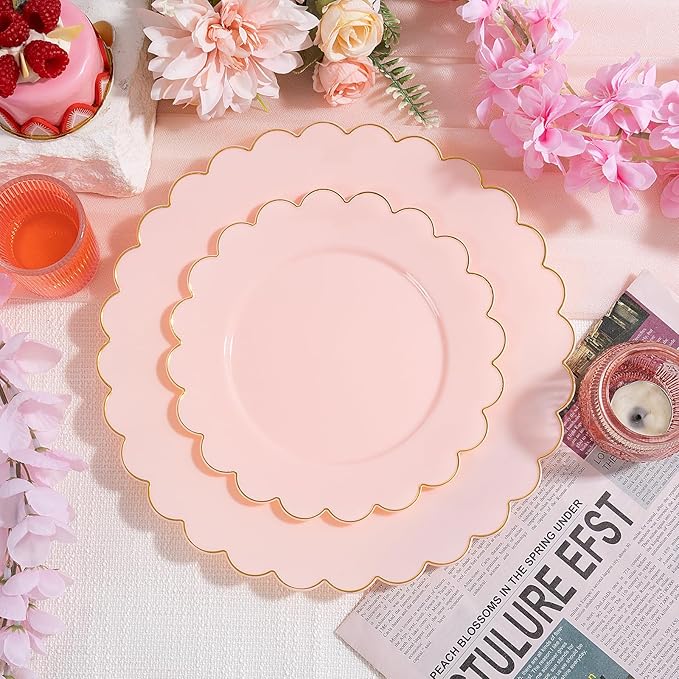 LIYH 120 Pcs Pink Plastic Plates Disposable Set Includes 60 Dinner Plate 10.25" & 60 Dessert Plate 7.5" with Elegant Gold Rim for Party Birthday Baby Shower