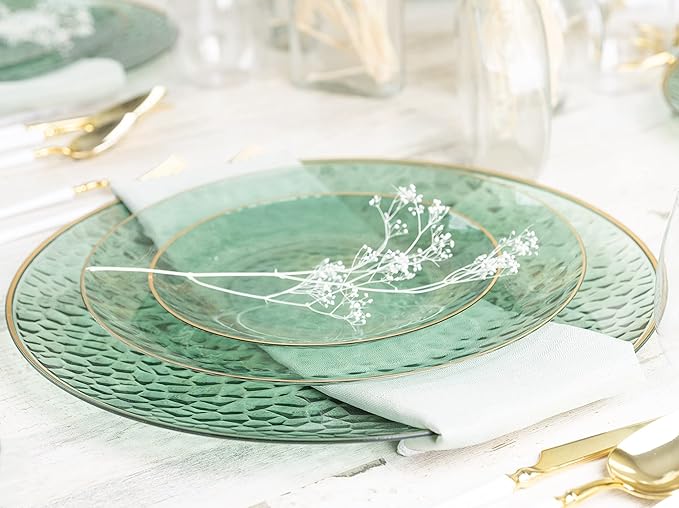 PLASTICPRO 30 Pack Hammered Plastic Plates Heavyweight Disposable Plastic Plates Elegant Clear Hammered Rim Platsic Party Dishes (Hamered Green With Gold Rim, 9'' INCH PLATES)