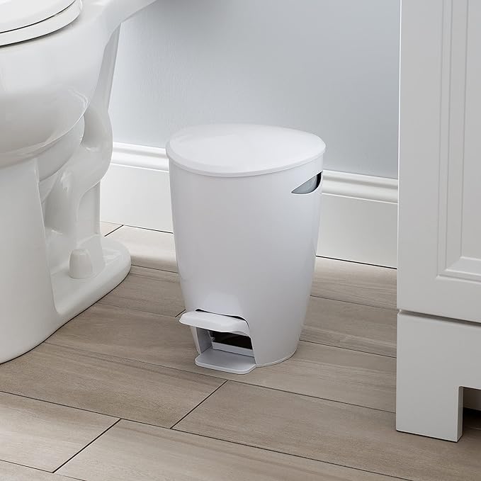 Bath Bliss Contour Waste Bin and Toilet Brush Set | Bathroom Accessory | Step Pedal | Contemporary Design | White