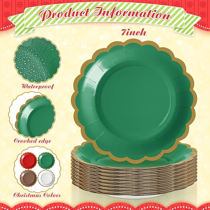 96 Pcs Christmas Paper Plates 7 Inch Red Green White Dessert Scalloped Edge Disposable Dinner Plates for Fall Halloween Wedding Birthday Baby Shower Party Supply