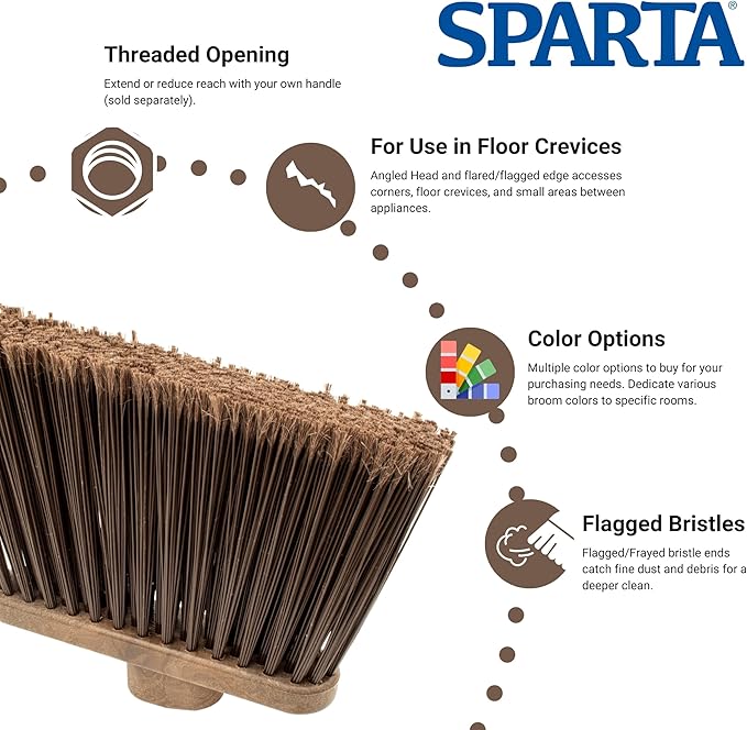 SPARTA Plastic Broom Head, Angled, Flagged for Small Debris Indoor, Outdoor, Home, Restaurant, Lobby, Office, 12 Inches, Brown, (Pack of 12)