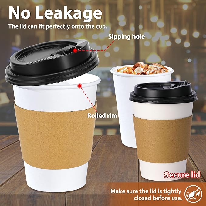 Clawsoff 100 Pack 12 oz Disposable Coffee Cups with Lids and Insulated Sleeves, Leak-free Paper and Sturdy Thick Paper Hot to Go Coffee Cups with Lids for Cold/Hot Beverage (White)