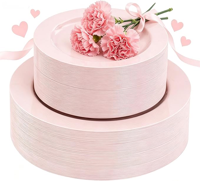 FLOWERCAT 100PCS Pink Plastic Plates - Heavy Duty Pink Party set Disposable serve for 50 guests -10 inch Dinner + 7 inch Dessert/Salad Plates for Easter,Birthday Party,Mother's Day