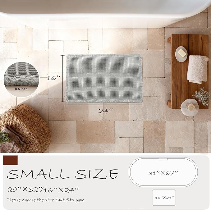 DWCN Grey Waffle Bathroom Mat, Boho Bath Rugs Super Absorbent Non Slip Bath Mats for Bathroom Floor, Ultra Soft Farmhouse Shower Mats for Tub and Shower, 16 x 24 Inch
