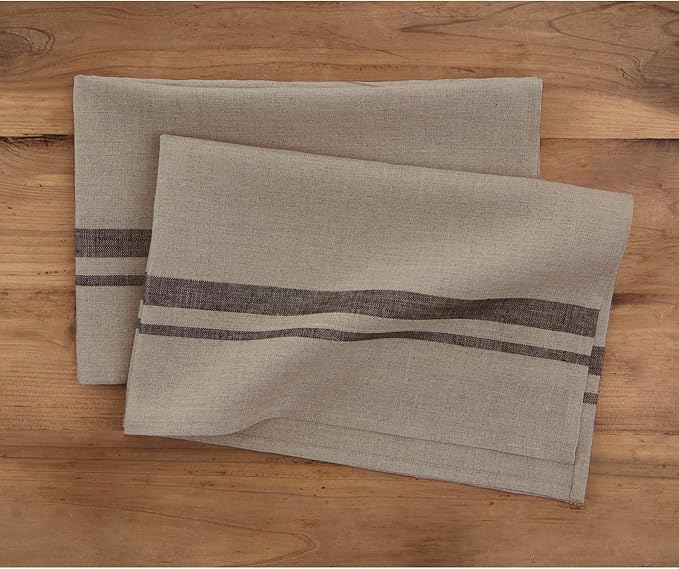 Solino Home Black and Natural Linen Kitchen Towels Set of 2-100% Pure Linen 17 x 26 Inch French Stripe Tea Towels with Hanging Loop - European Flax Kitchen Dish Cloth - Quick Dry & Machine Washable