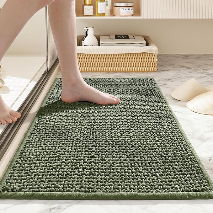 Bathroom Rugs Non Slip Washable, Super Absorbent Thin Bath Mat for Small Quick Dry Low Pile Bathroom Rug, (Dark Green, 32″x20″)