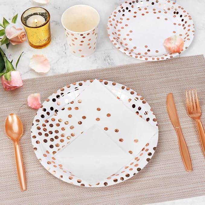 Party Supplies Set - 280 Pieces of White and Rose Gold Dot Paper Plates, Cups, Napkins, and Heavy Duty Silverware for 40 Guests for Birthdays, Graduation, Wedding, Festivals