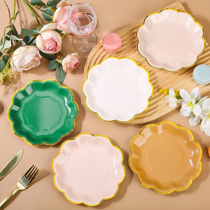 AimFun 48Pcs Woodland Scalloped Party Plates 7 Inch Sage Green Brown Disposable Dessert Plates Gold Foil Border Paper Plates for Birthday Baby Shower Wedding Forest Themed Party Supplies