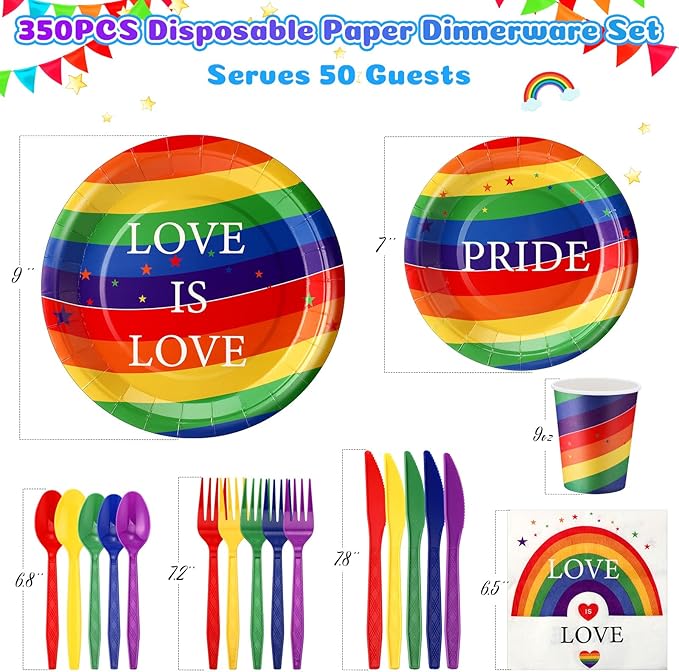 FillTouch 350 Pcs Rainbow Gay Pride Month Lgbtq Party Supplies Set Rainbow Disposable Paper Plates Love Napkins Cups Knives Forks Spoons for 50 Guests Gay Pride Party Parade Club Festival Events