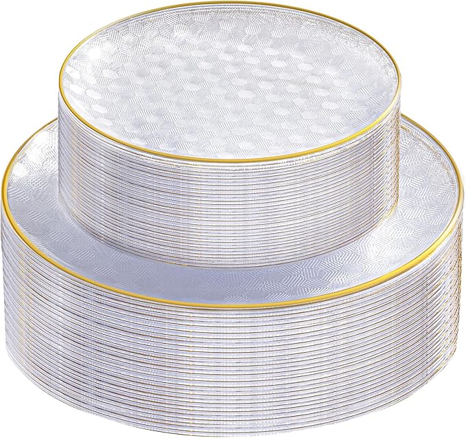 Festiva 60PCS Clear Gold Plastic Plates - Heavy Duty Fancy Disposable Plates With Gold Rim-serve for 30 guests Include 30PCS 10.25" & 30PCS 7.5" Honeycomb Design Plates for Party(Clear)