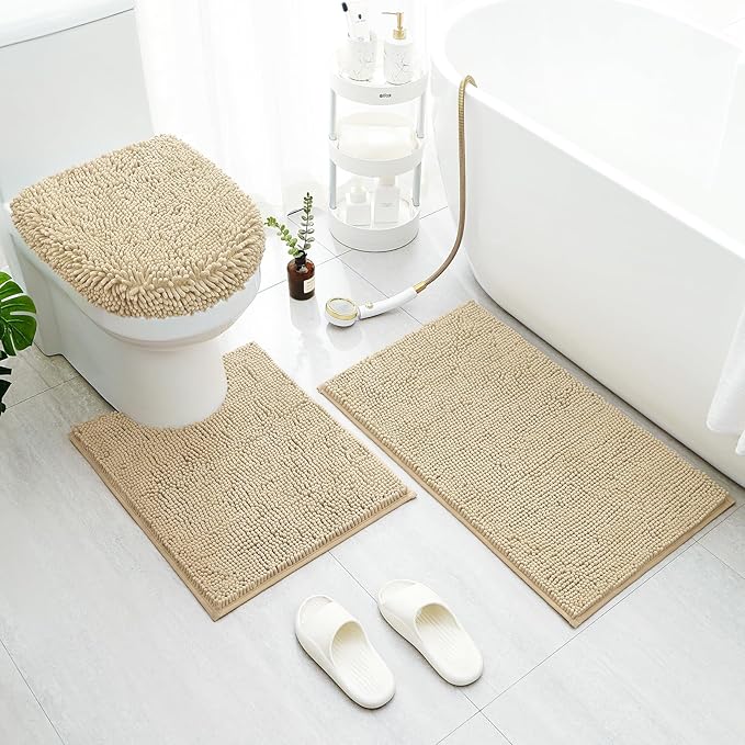 BYSURE Beige Bathroom Rugs Sets 3 Piece with Toilet Lid Cover Non Slip Extra Absorbent Plush Chenille Soft Washable Bath Mats