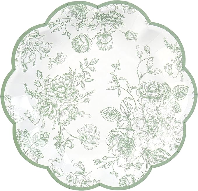 48 Pcs Sage Green Floral Party Plates Vintage Floral Leaf Disposable Paper Plates White Green Toile 7" Small Scalloped Dessert Plates for Spring Summer Garden Birthday Bridal Tea Party Supplies