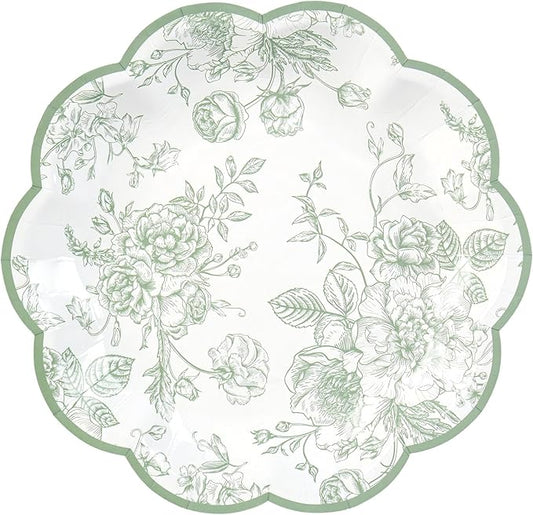 24 Pcs Green Floral Party Plates Vintage Floral Leaf Disposable Paper Plates Wildflower Sage Green Toile 7" Small Scalloped Dessert Plates for Spring Easter Birthday Bridal Tea Party Supplies